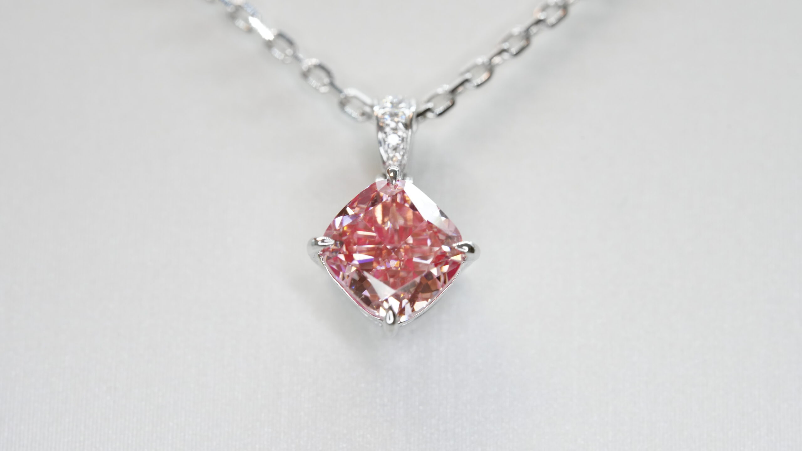 Cushion laboratory grown pink diamond halo pendant necklace Cushion laboratory grown pink diamond halo pendant necklace