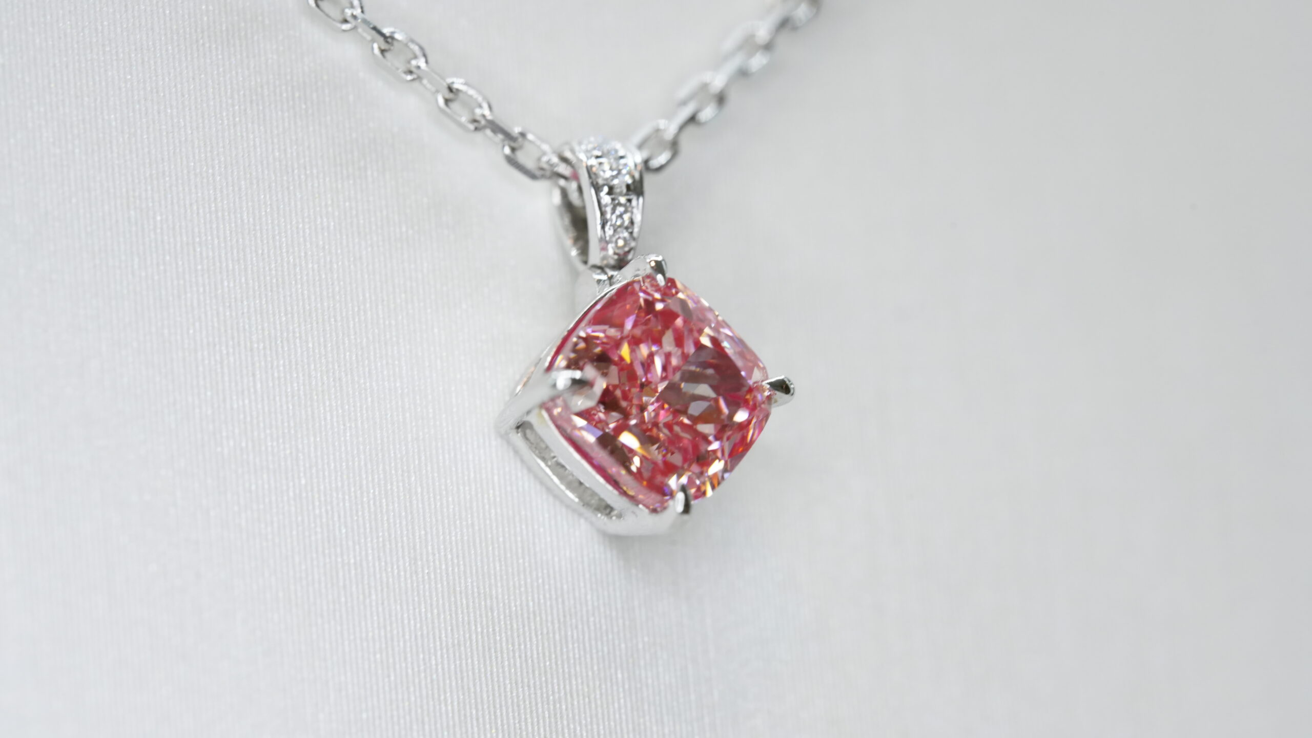 Cushion laboratory grown pink diamond halo pendant necklace Cushion laboratory grown pink diamond halo pendant necklace