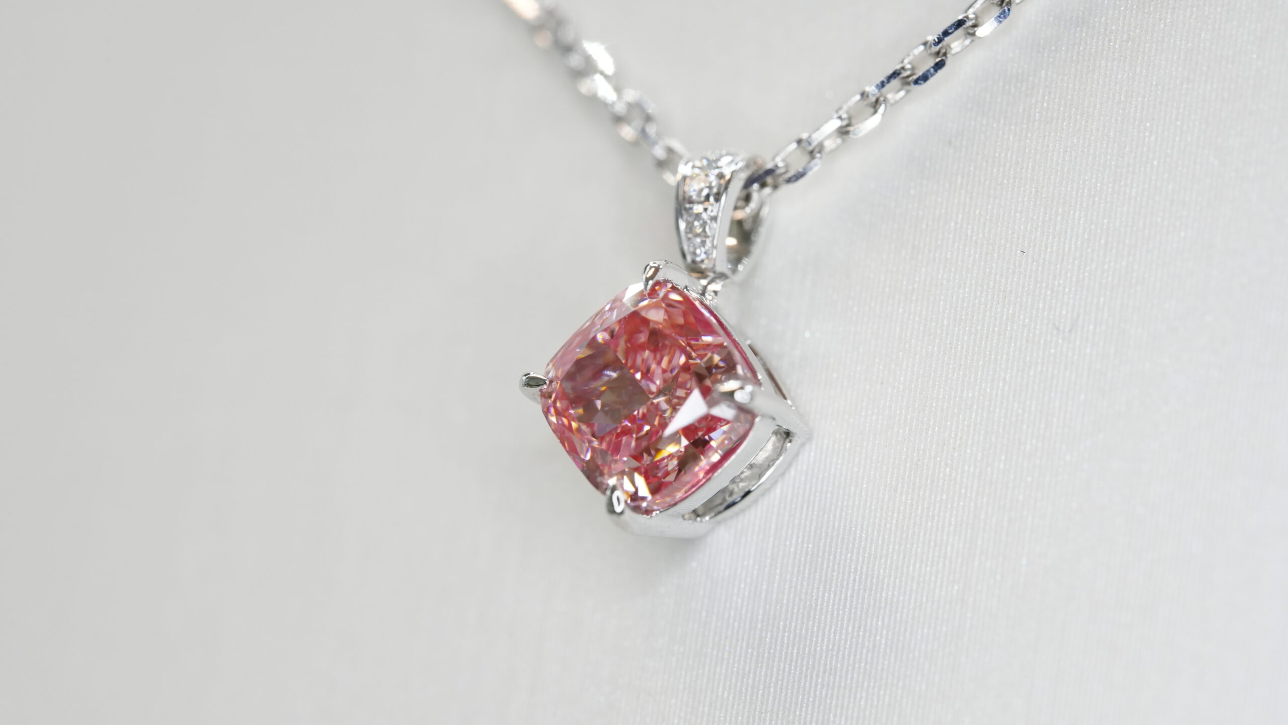 Cushion laboratory grown pink diamond halo pendant necklace Cushion laboratory grown pink diamond halo pendant necklace