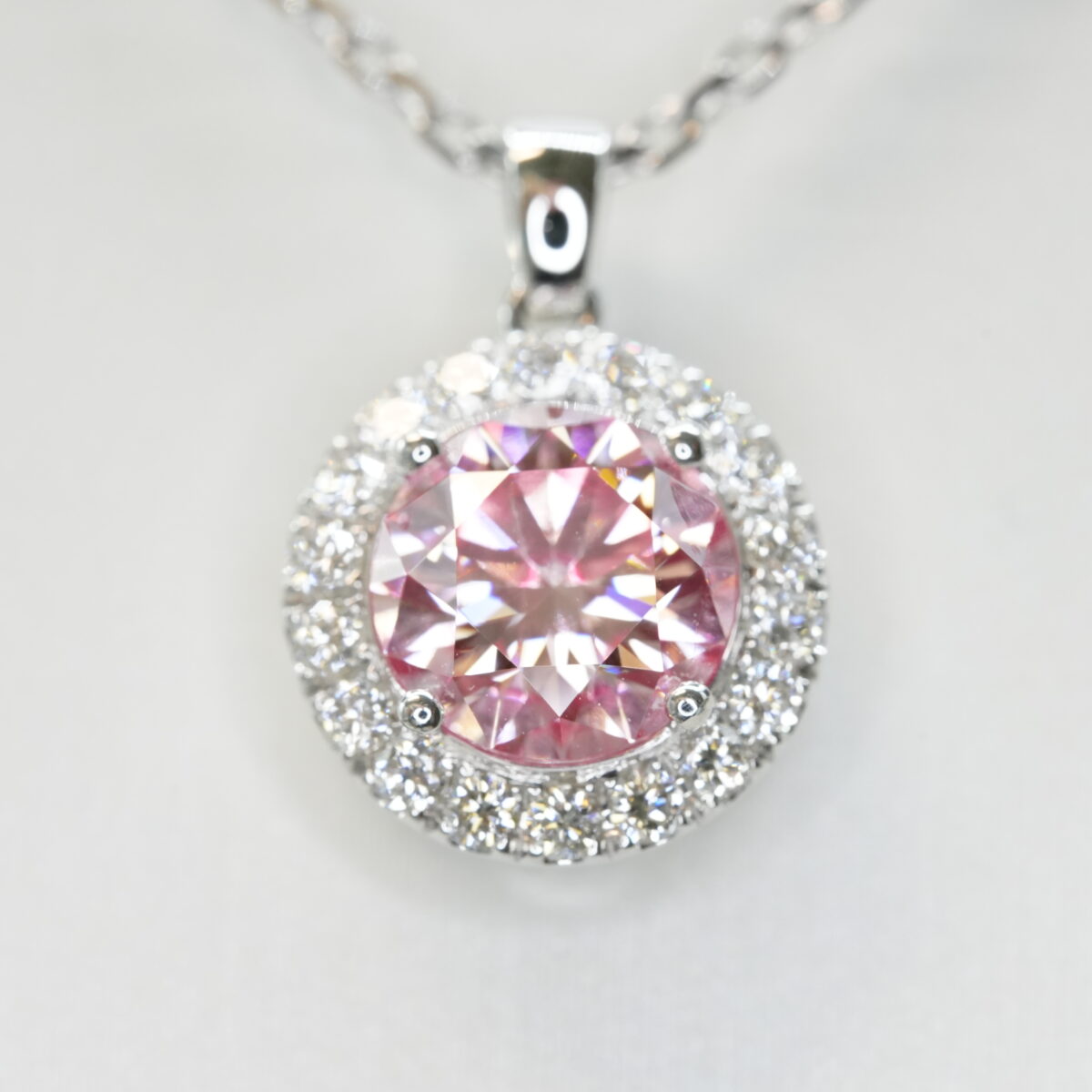 Round laboratory grown pink diamond halo pendant necklace